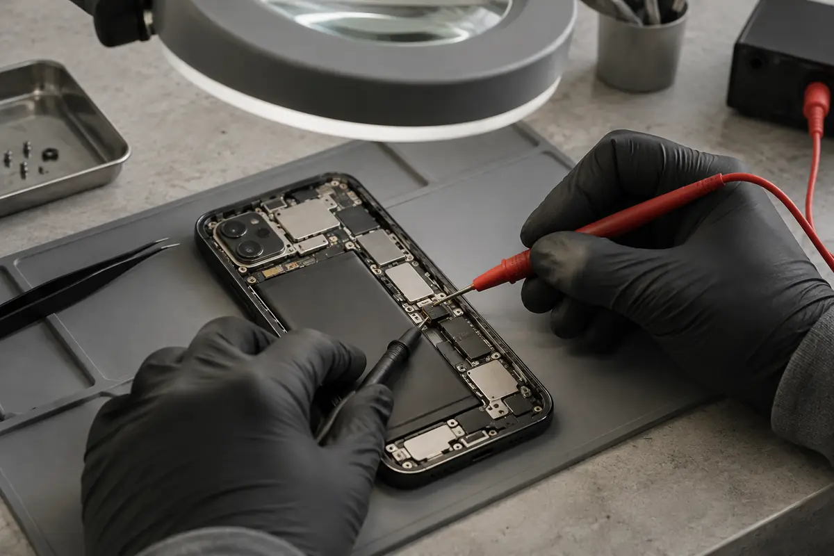 A phone under a magnifier lamp with multimeter probes on its battery connector