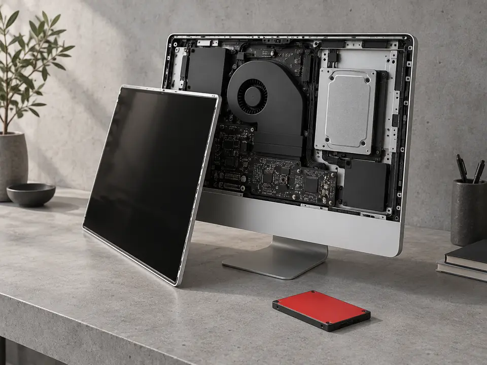 An all-in-one desktop computer opened up beside a red SSD