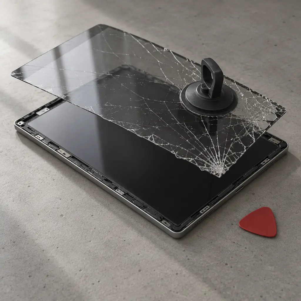 A tablet on concrete with its shattered front glass lifted away by a suction tool