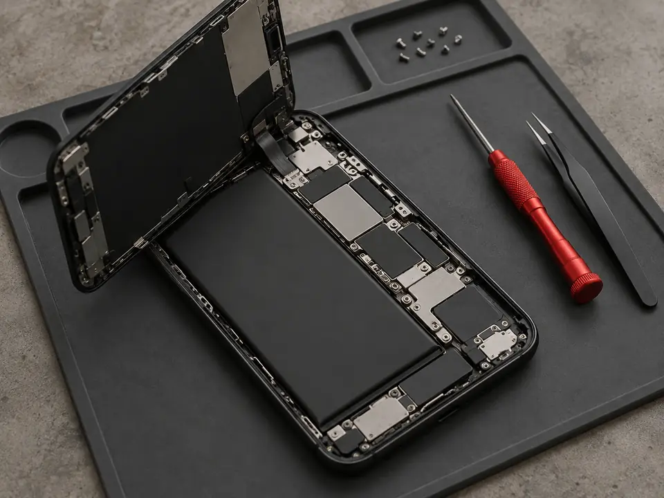 An iPhone opened on a grey repair mat with its display lifted, beside a red screwdriver