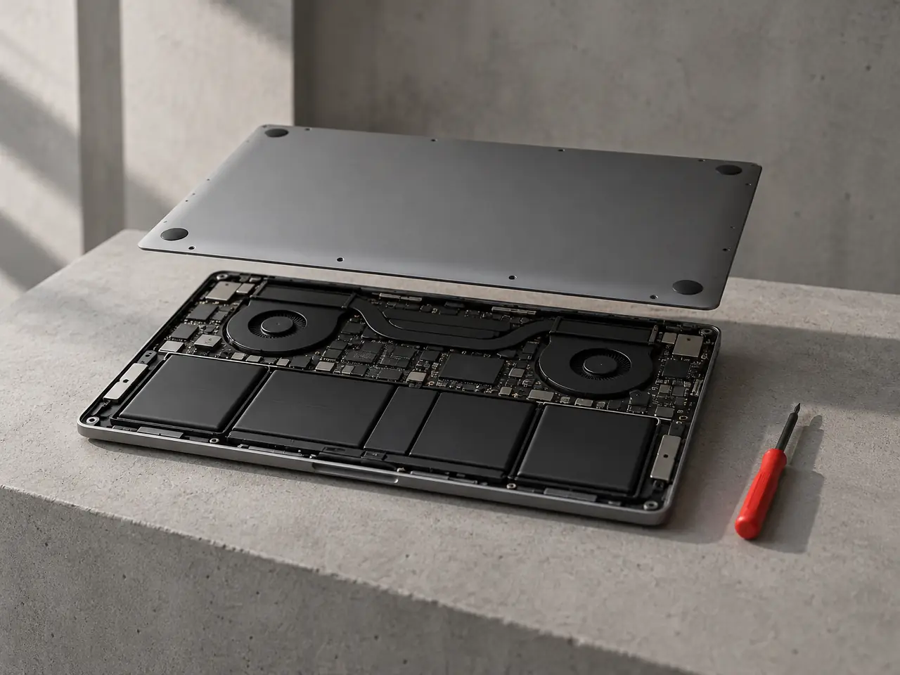 An open laptop on a concrete plinth with its bottom case lifted to show the board, fans and battery