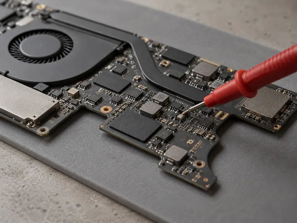 A laptop logic board on an anti-static mat with a red multimeter probe
