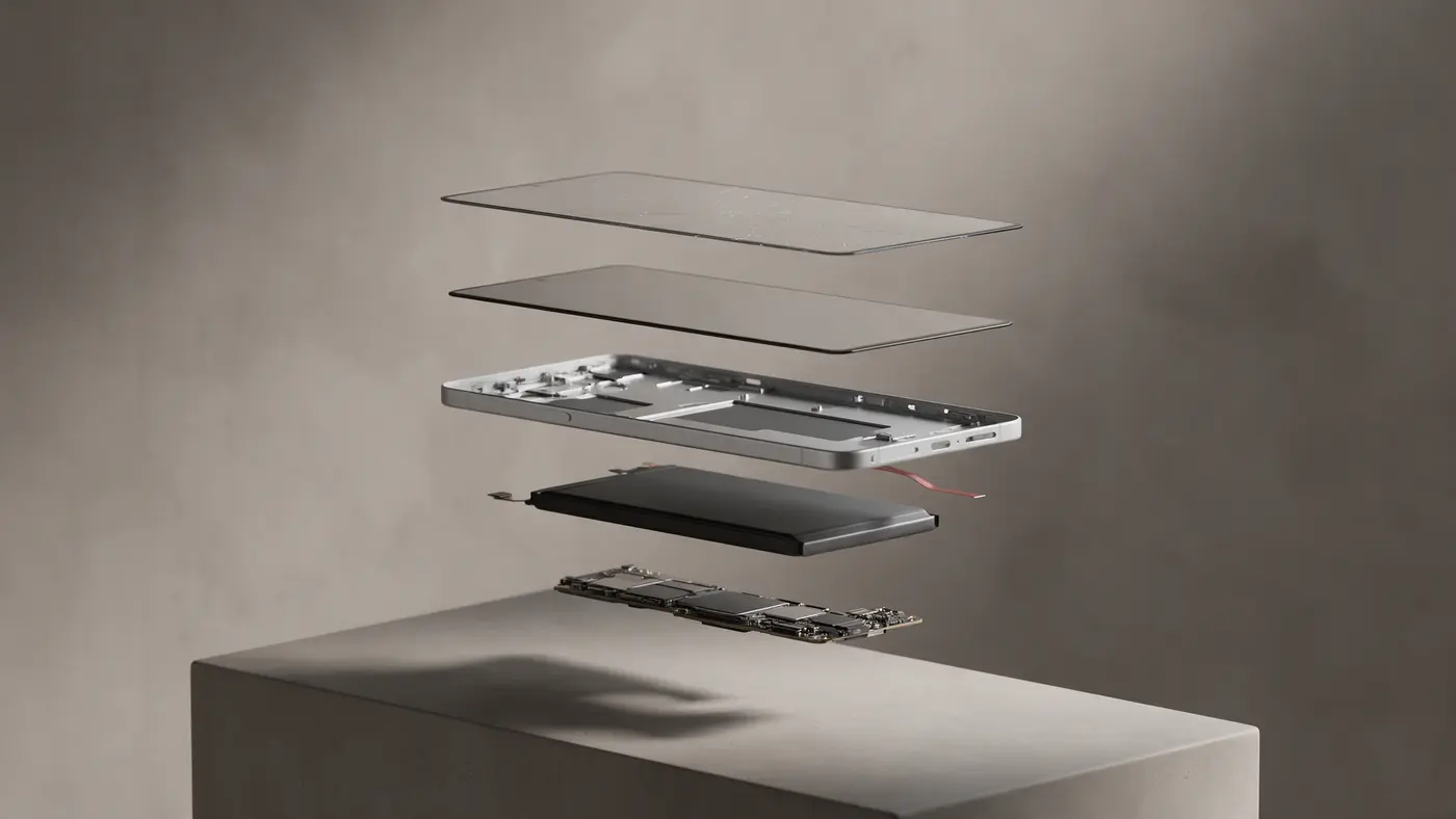 A smartphone taken apart into its layers — cracked glass, display, frame, battery and board — above a concrete plinth