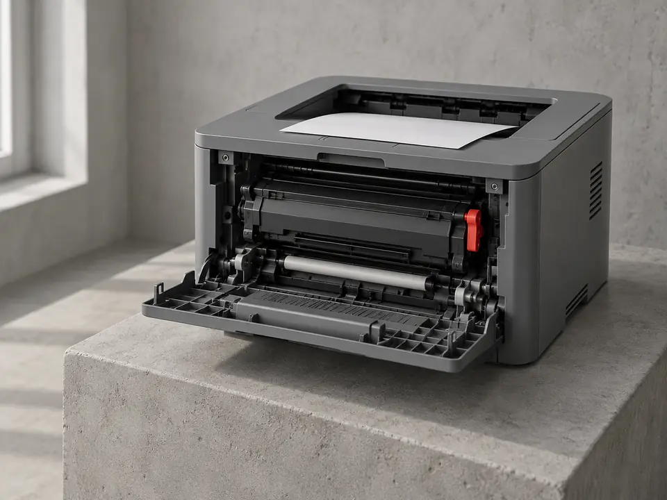 An office printer with its front door open showing a red release lever