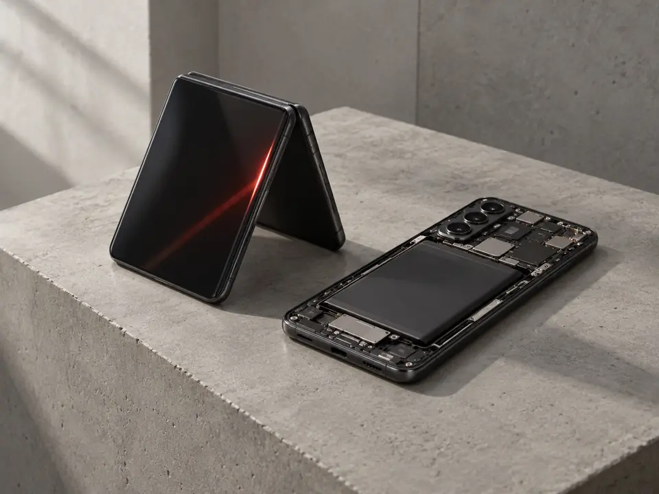 A foldable phone standing half-open next to an Android phone with its back glass removed