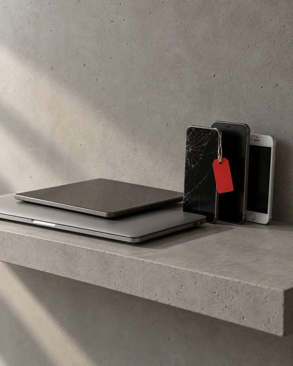A stack of used phones, a tablet and a laptop on a concrete shelf with a red tag